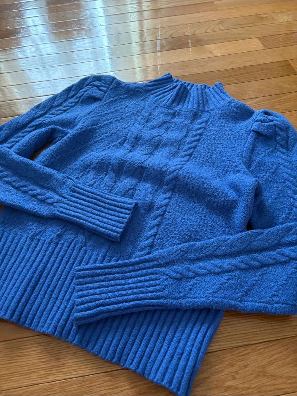 LOFT Bright Blue Cable-Knit Puff Shoulder Mock Neck Sweater - Picture 5 of 9
